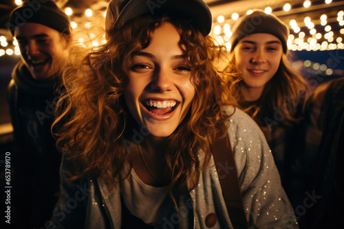 A teenage girl is celebrating a party with her friends with colorful lights at night and a teenage girl is having fun with her friends.
