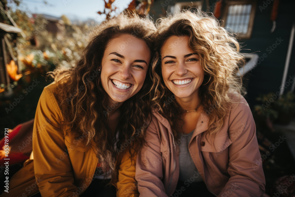 A teenage girl and two friends look at the camera and take a photo together against the morning sun. A teenage girl and two friends look at the camera and take a photo together against the morning sun.