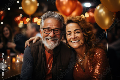 Portrait of a senior couple Healthy elderly women and men Celebrating a party with friends with colorful lights at night.