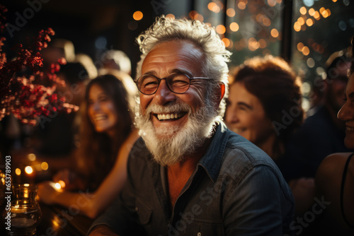 senior man at party Elderly man smiling and happy with good health Celebrating a party with friends with colorful lights at night.