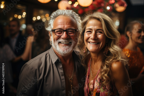 Portrait of a senior couple Healthy elderly women and men Celebrating a party with friends with colorful lights at night.