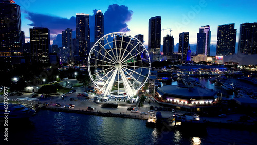 Sunset at downtown Miami Florida United States. Sunset aerial view of scenic buildings and traffic at landmark avenues. Sunset Miami Florida. Sunset city Miami United States. 