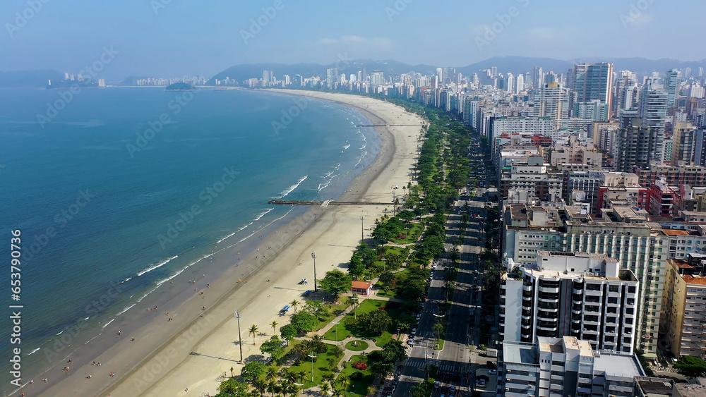 Aerial View of Coastal City of Santos Sao Paulo Brazil. Aerial Landscape of South Coastal of Sao Paulo. Tropical Travel. Coastal scenery.