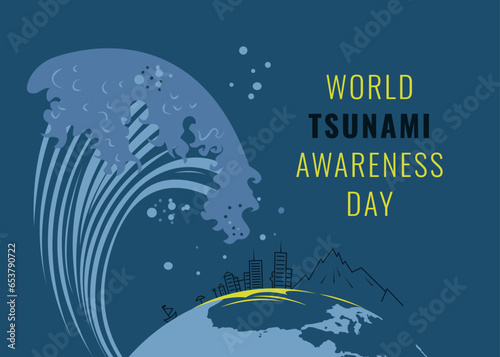 World Tsunami Awareness Day. A large wave is approaching the city.