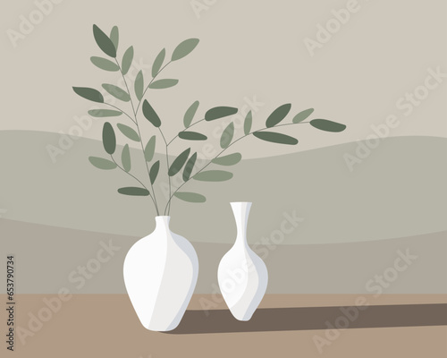 Minimalist ceramic vase with olive branch. Pastel colors, flat picture, vector illustration