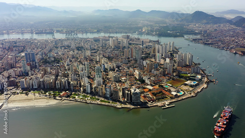 Aerial View of Coastal City of Santos Sao Paulo Brazil. Aerial Landscape of South Coastal of Sao Paulo. Tropical Travel. Coast View. Coast Scene. 