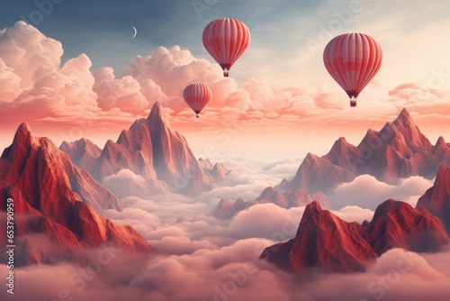 A hot air balloon is flying over foggy and cloudy mountains high in air. Generative Ai.