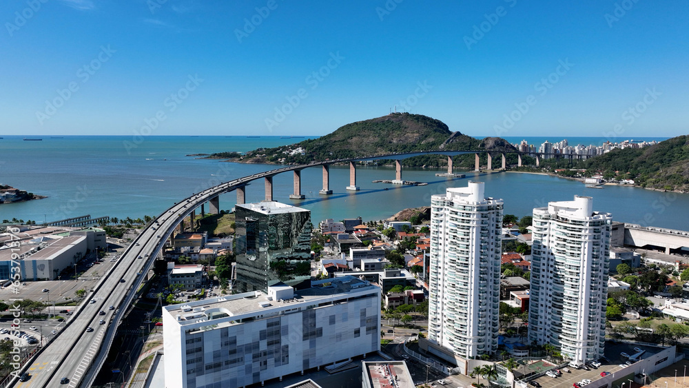 High angle view of famous third bridge at town of vitoria state of espirito santo Brazil. Transport scenery. Amazing landscape of vacation travel at city of vitoria espirito santo Brazil. 