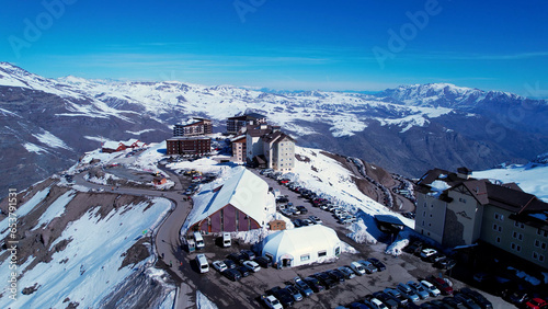 Panoramic view of Ski station centre resort at snowy Andes Mountains near Santiago Chile. Snow mountain landscape. Nevada mountains. Winter travel destination. Winter tourism travel. photo