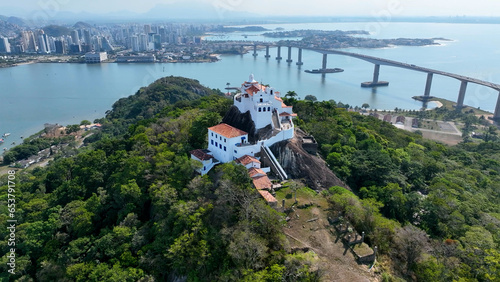 Aerial landscape of famous Penha Convent Church postcard of Vila Velha Vitoria state of Espirito Santo Brazil. Postcard scenery of Vitoria Espirito Santo. Aerial church religion scenery.