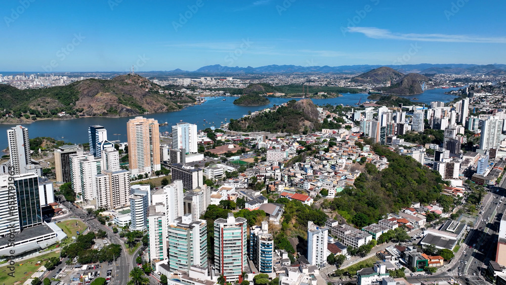Aerial cityscape of downtown Vitoria state of Espirito Santo Brazil. Bulldings and avenues landmark of city of Vitoria Espirito Santo. Brazilian coast town capital city. Downtown district.