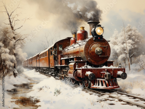 Christmas retro Locomotive train on a winter snowy nature background. Holiday postcard. Merry christmas and happy new year concept