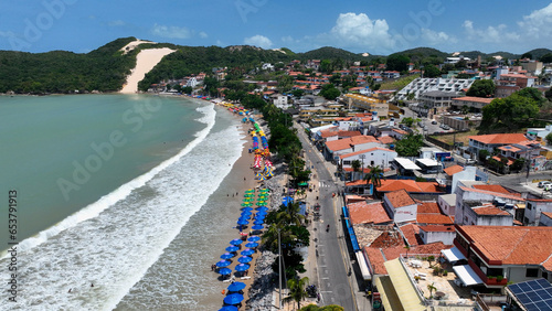 Ponta Negra Beach landscape at Natal capital city of Rio Grande do Norte. Brazil Northeast. Bald Hill at Ponta Negra Beach in Natal Rio Grande do Norte Brazil. Tropical scenery. Natal Brazil.