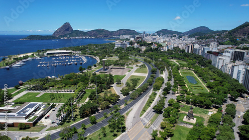 Rio de Janeiro Brazil. Panoramic view of downtown Rio de Janeiro Brazil at sunny day. Tourism landmark of Rio de Janeiro Brazil. Coast overview of downtown city.