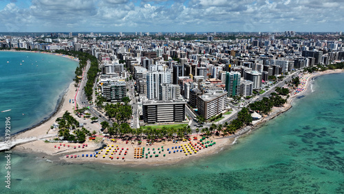 Maceio Alagoas Brazil at brazilian Northeast. Aerial panning shoot of turquoise water beach at Maceio Alagoas Brazil. Landmark beach tourism sights. Travel destination