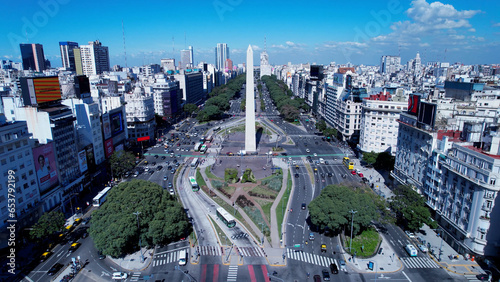 Obelisk Monument Buenos Aires Argentina. Panning wide landscape of tourism landmark downtown of capital of Argentina. Tourism landmark. Outdoors downtown city. Urban scenery of Buenos Aires city.