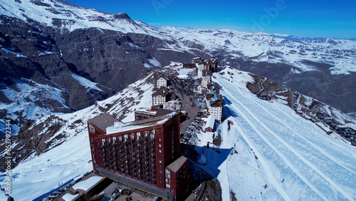 Panoramic view of Ski station centre resort at snowy Andes Mountains near Santiago Chile. Snow mountain landscape. Nevada mountains. Winter travel destination. Winter tourism travel. photo