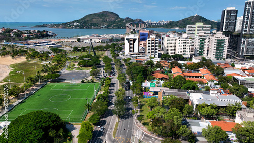 Aerial cityscape of downtown Vitoria state of Espirito Santo Brazil. Bulldings and avenues landmark of city of Vitoria Espirito Santo. Brazilian coast town capital city. Downtown district. photo