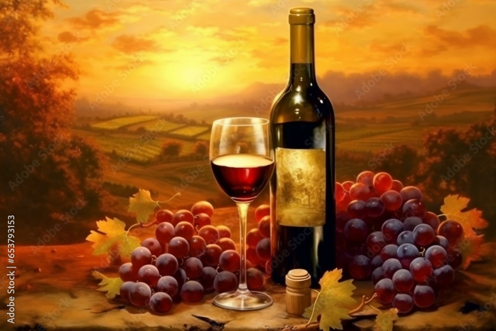 Symbolic red and white wine bottle, grapes, vineyards, sunset. Generative AI