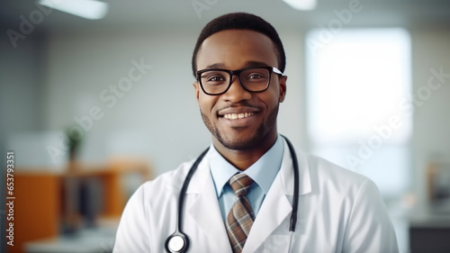 african male Doctor Wearing White Coat With Stethoscope In Hospital Office.Generative AI.