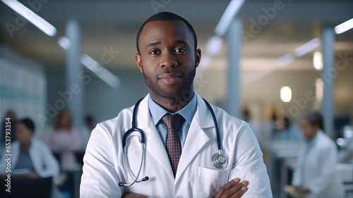african male Doctor Wearing White Coat With Stethoscope In Hospital Office.Generative AI
