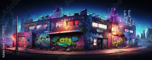 Modern night city with colorful 3D graffiti in street, panorama banner. Generative Ai.