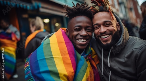 Portraits of very happy members of the LGBTQI+ community standing together to celebrate pride, love and diversity - created with Generative AI technology