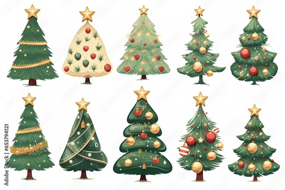 set of cartoon Christmas trees, pines for greeting card, invitation, banner, web, stickers, notes, New Years and xmas traditional symbol tree with garlands, light bulb, star, icons collection