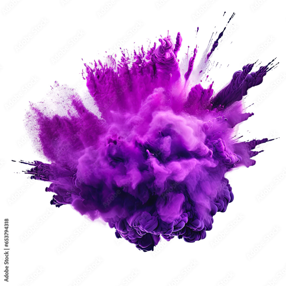Powerful explosion of purple holi powder on transparent background. Saturate violet smoke paint explosion, fume powder splash, motion of liquid ink in water. Powerful explosion of purple holi powder on transparent background. Saturate violet smoke paint explosion, fume powder splash, motion of liquid ink in water.