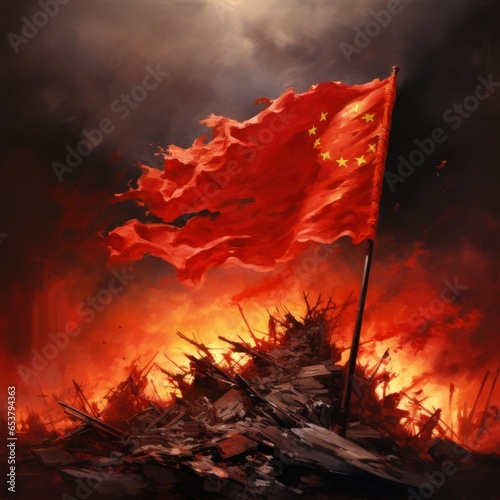 Burning flag of China, close up