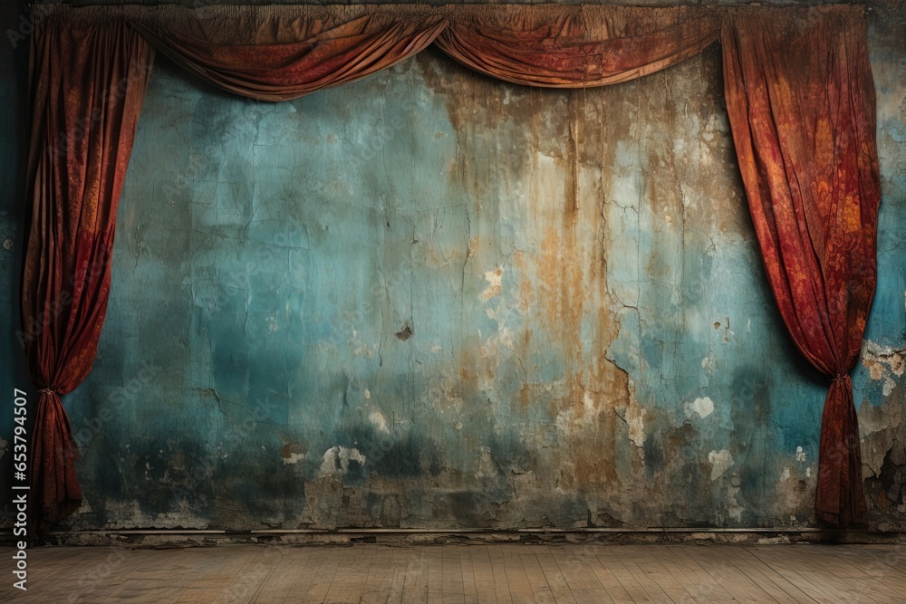 Old red dirty faded theater curtain against the background of a weathered blue wall with cracks on it. Long time Abandoned scene - obrazy, fototapety, plakaty 
