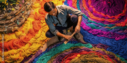 asian male making a colorful weave mat, in the style of net art.