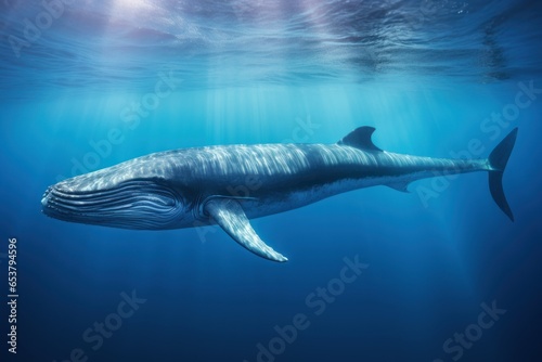 Blue whale underwater swimming in the depths of the ocean photo