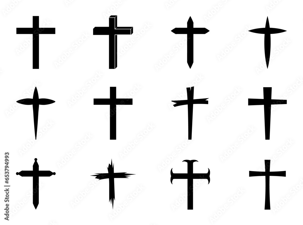 Catholic christian cross vector set. Spooky cemetery silhouette collection of Halloween cross vector. Church cross icon symbol set.