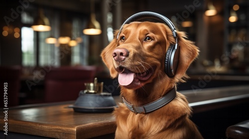 Ein fröhlicher Hund sitzt in einem Café und hört Musik auf einem Over-Ear Kopfhörer