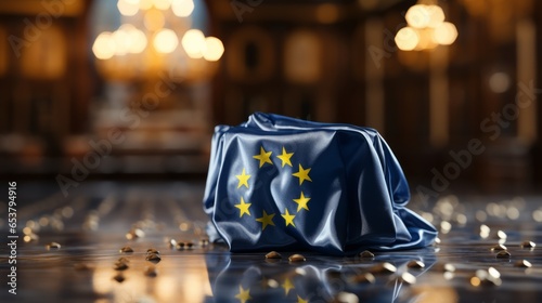 Zerknitterte Europaflagge in Form einer Kiste steht auf dem Boden eines ausgeleuchteten Saals photo