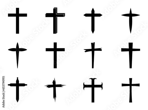 Catholic christian cross vector set. Spooky cemetery silhouette collection of Halloween cross vector. Church cross icon symbol set.