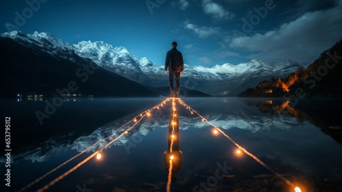Mann steht an einem See auf einem imaginären beleuchteten Steg und blickt träumend in die blau gefärbte tiefe mit romantischen und schneebedeckten Bergen erkennbare Landschaft