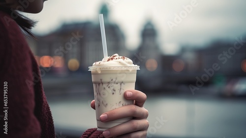 Man holding a clear plastic cup with a delicious frappe with a straw on a blurred background of a city river photo