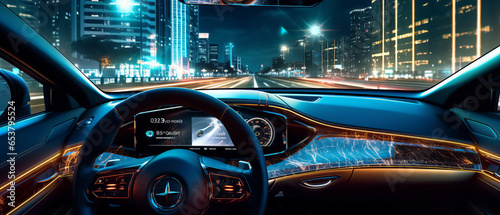 digital screen lighting of high technology self driving speedometer online on cockpit . © Krisana
