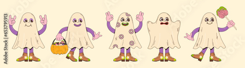 Halloween ghost character set. Vector illustration in retro cartoon style. Cute ghosts with different emotions in flat groove style.