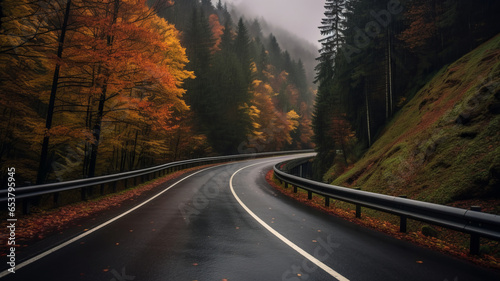 Driving on the motorway on a dark moody day with autumn colorful leaves.