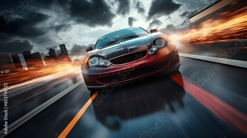 Sport car wheel drifting on night of city lighting background