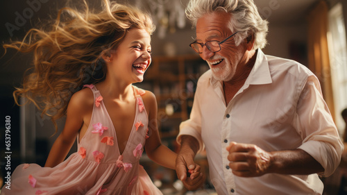 adorable child girl and positive grandpa holding hands while dancing together in living room.