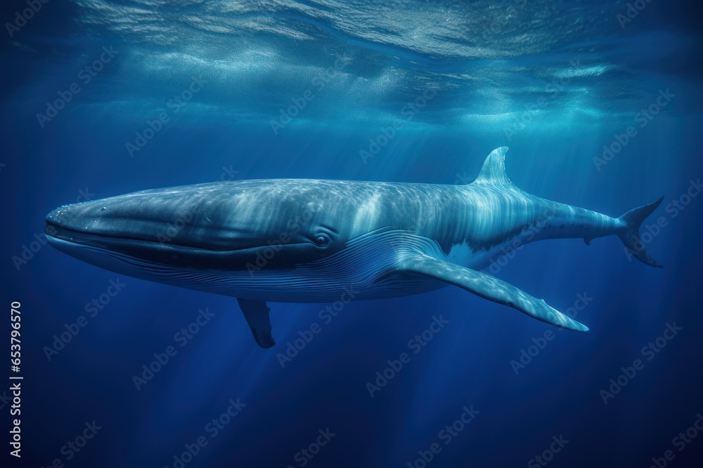 Blue whale underwater in the rays of the sun Blue whale underwater in the rays of the sun