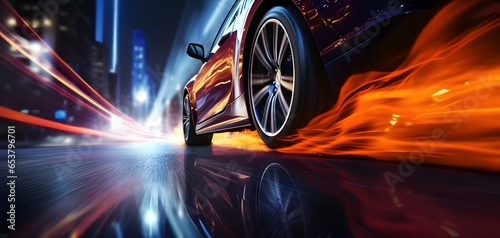 Sport car wheel drifting on night of city lighting background © Lucky Ai