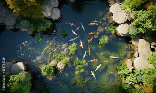 Japanese koi fish pond view from above, ai generative