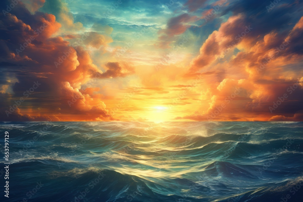 Oceanic landscape with an endless horizon sunset where the sky meets the sea, painting style