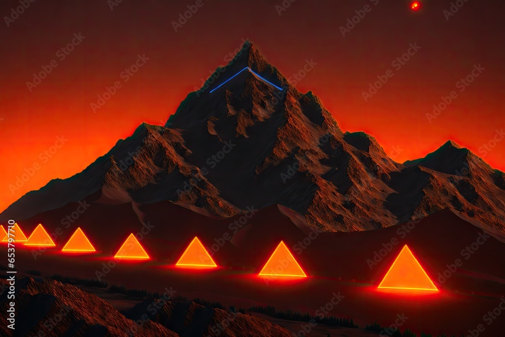 a mountain range, dark night and electric orange glow colors, retrofuturistic retrowave style, generative ai