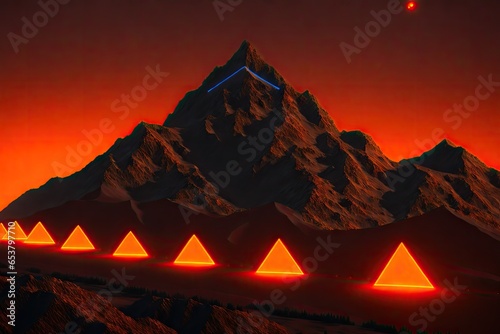 a mountain range  dark night and electric orange glow colors  retrofuturistic retrowave style  generative ai